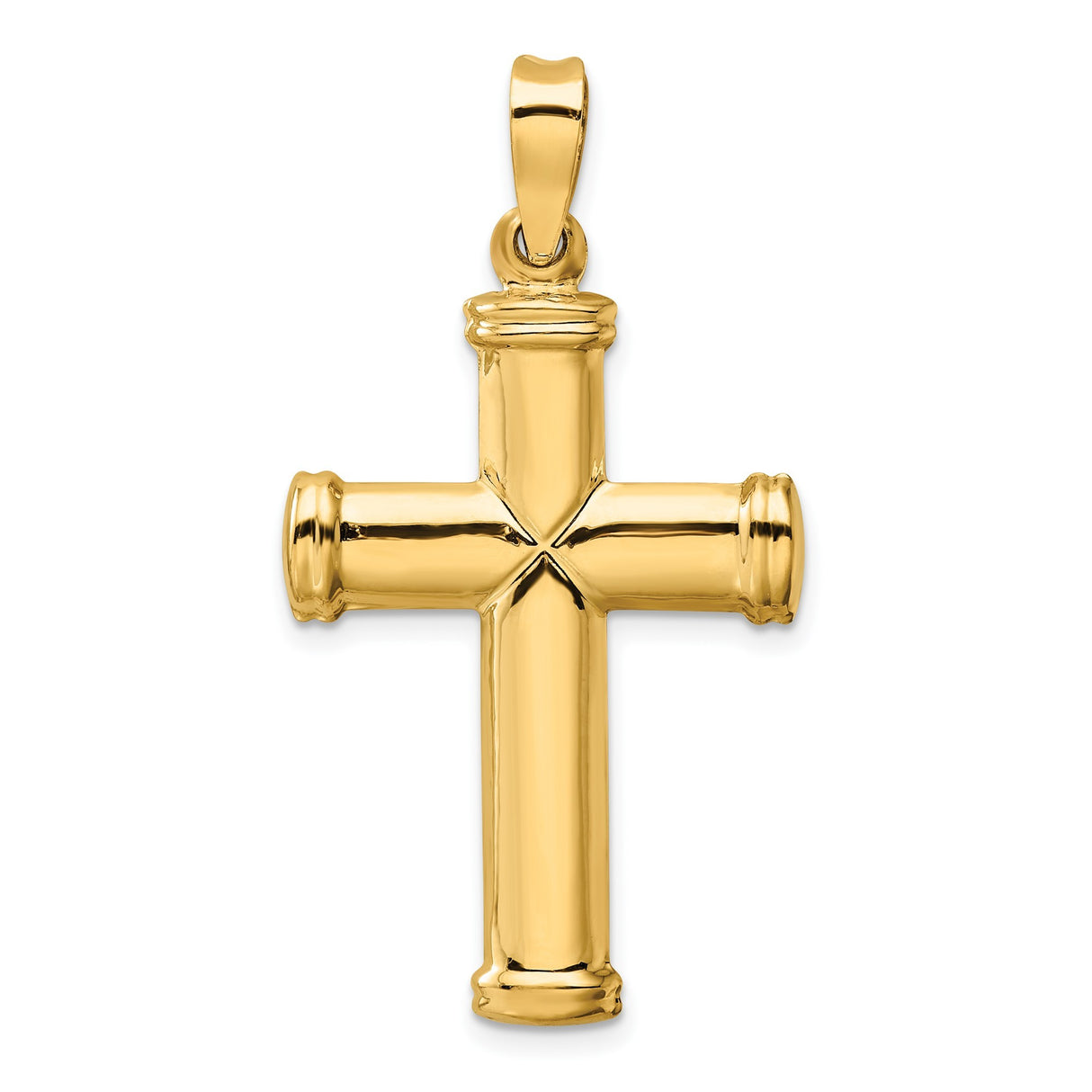 14k Yellow Gold Cross Pendant with Capped Ends and Cylindrical Arms, Polished Finish, Starburst Detail