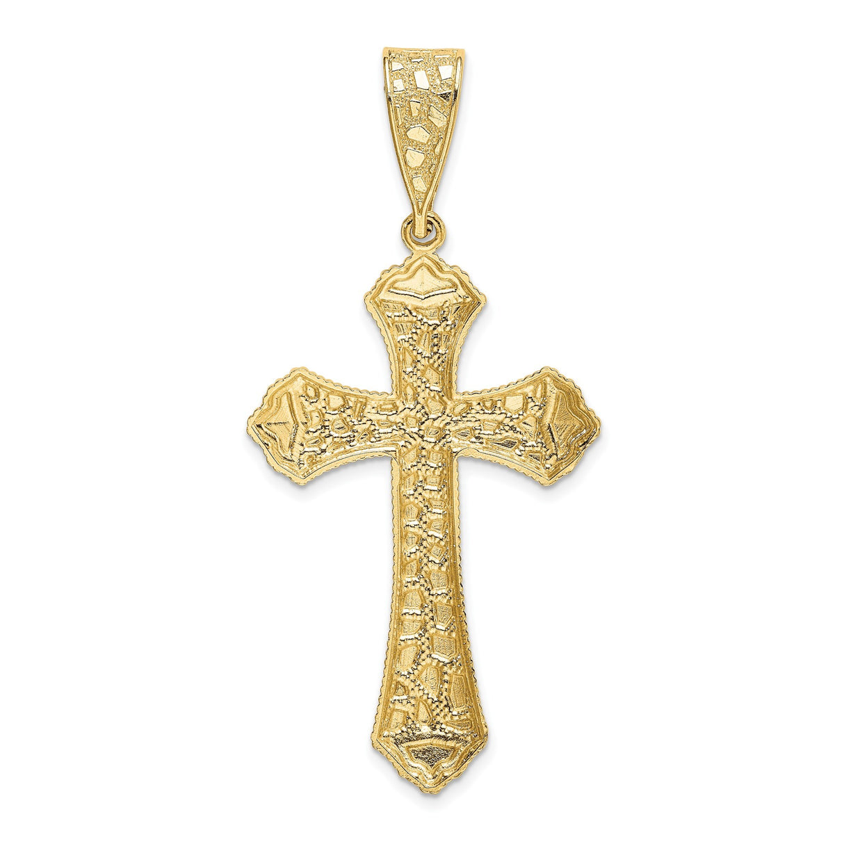 14k Yellow Gold Cross Pendant with Faceted Texture, Flared Arms, Beaded Edging, Polished Finish