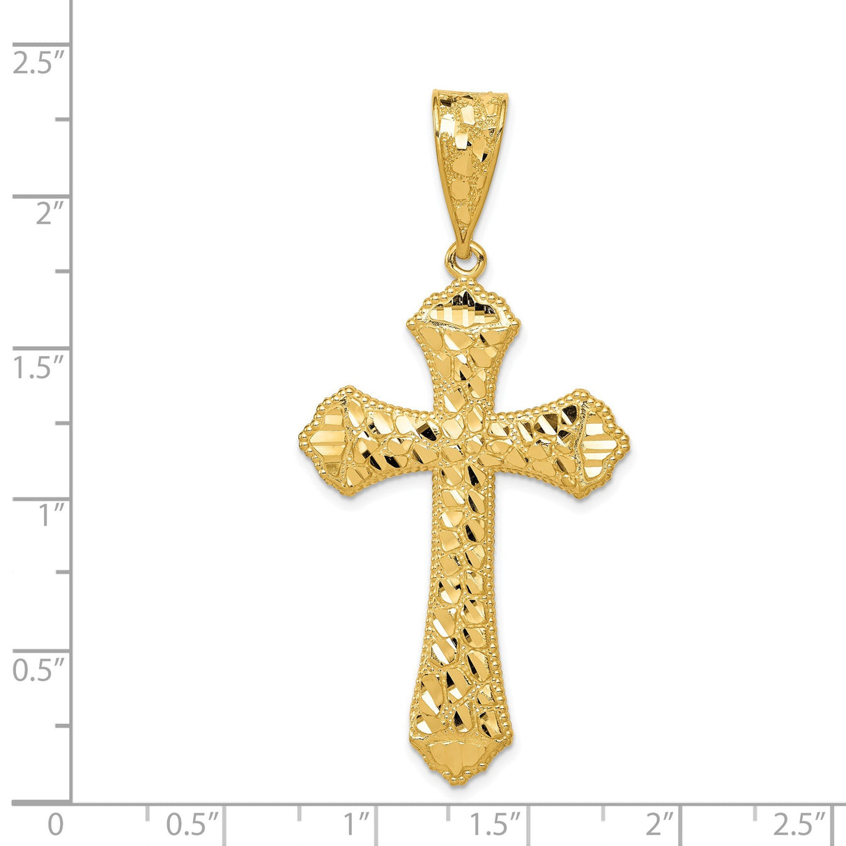 14k Yellow Gold Cross Pendant with Faceted Texture, Flared Arms, Beaded Edging, Polished Finish