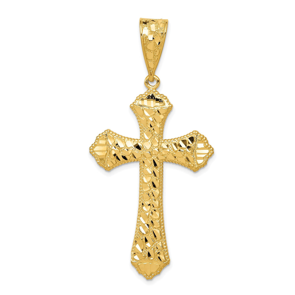 14k Yellow Gold Cross Pendant with Faceted Texture, Flared Arms, Beaded Edging, Polished Finish