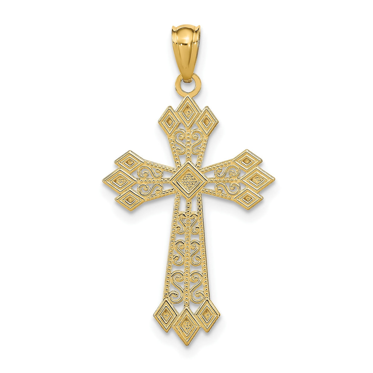 14k Yellow Gold Patonce Cross Pendant with Milgrain Border and Filigree Detailing