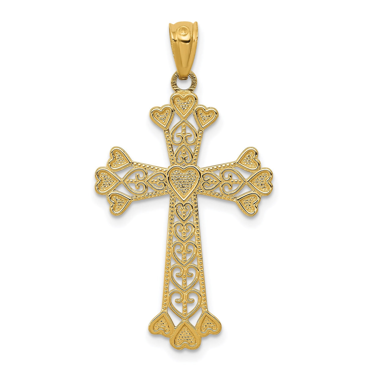 14k Yellow Gold Cross Pendant with Lace Filigree, Beaded Edge, and Scroll Pattern
