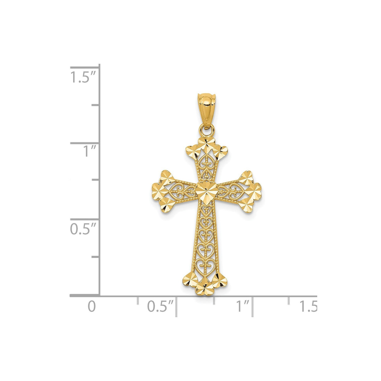 14k Yellow Gold Cross Pendant with Lace Filigree, Beaded Edge, and Scroll Pattern