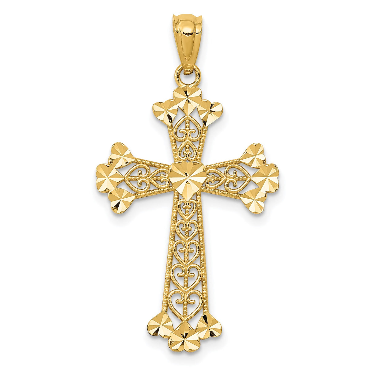 14k Yellow Gold Cross Pendant with Lace Filigree, Beaded Edge, and Scroll Pattern