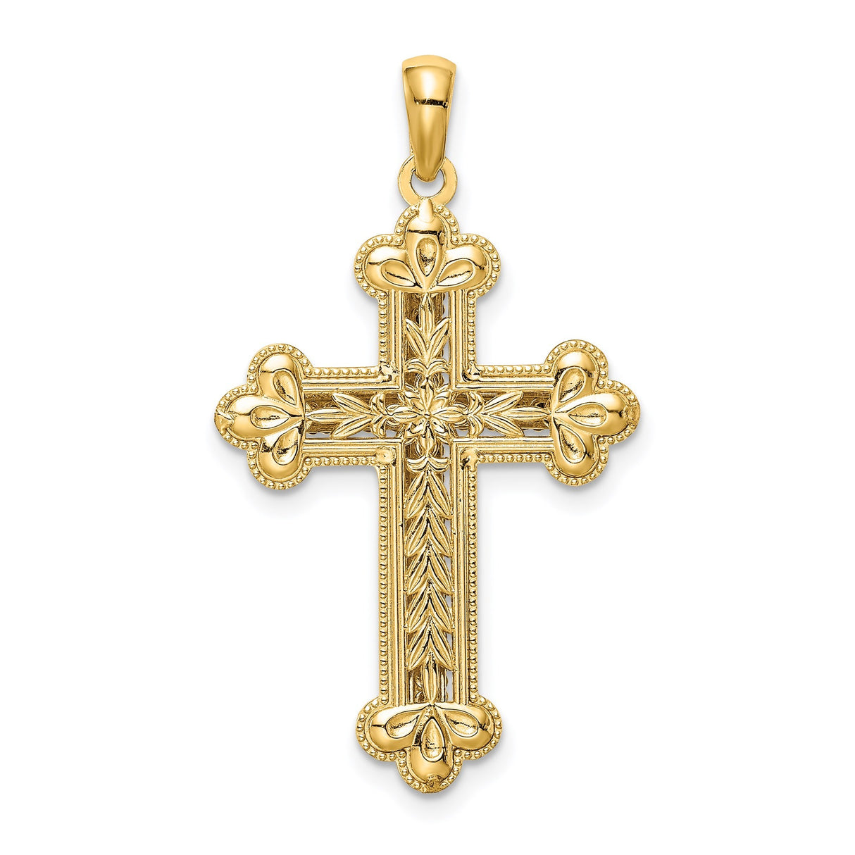 14k Multi-Tone Gold Budded Cross Pendant with Rhodium Accents, Christian Trefoil Design