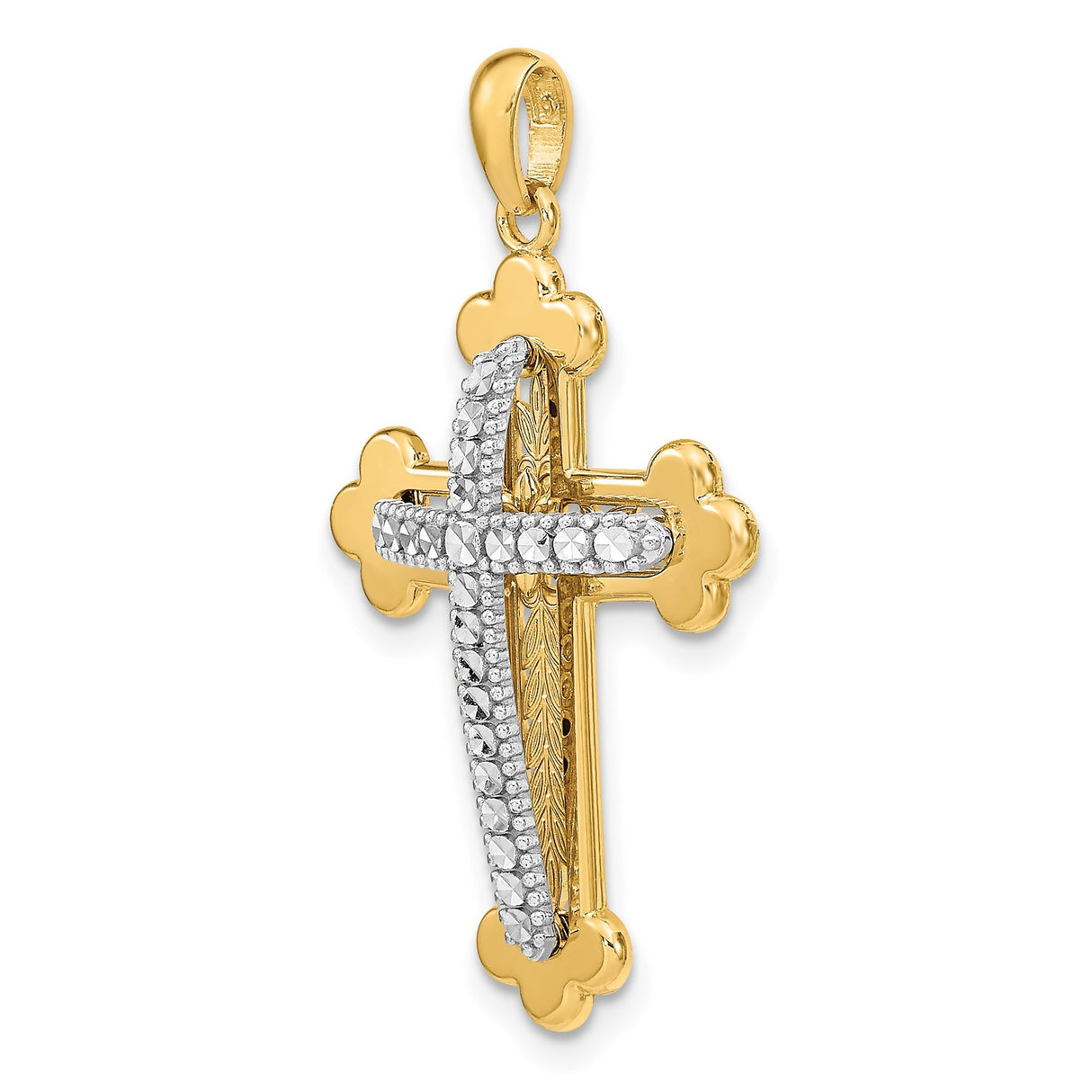 14k Multi-Tone Gold Budded Cross Pendant with Rhodium Accents, Christian Trefoil Design