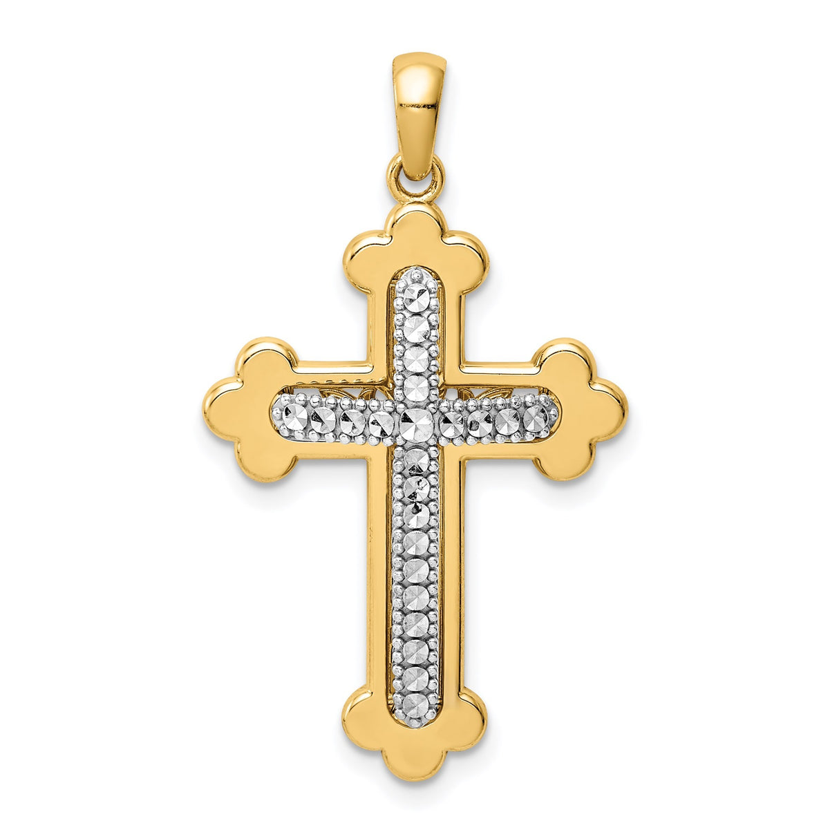 14k Multi-Tone Gold Budded Cross Pendant with Rhodium Accents, Christian Trefoil Design