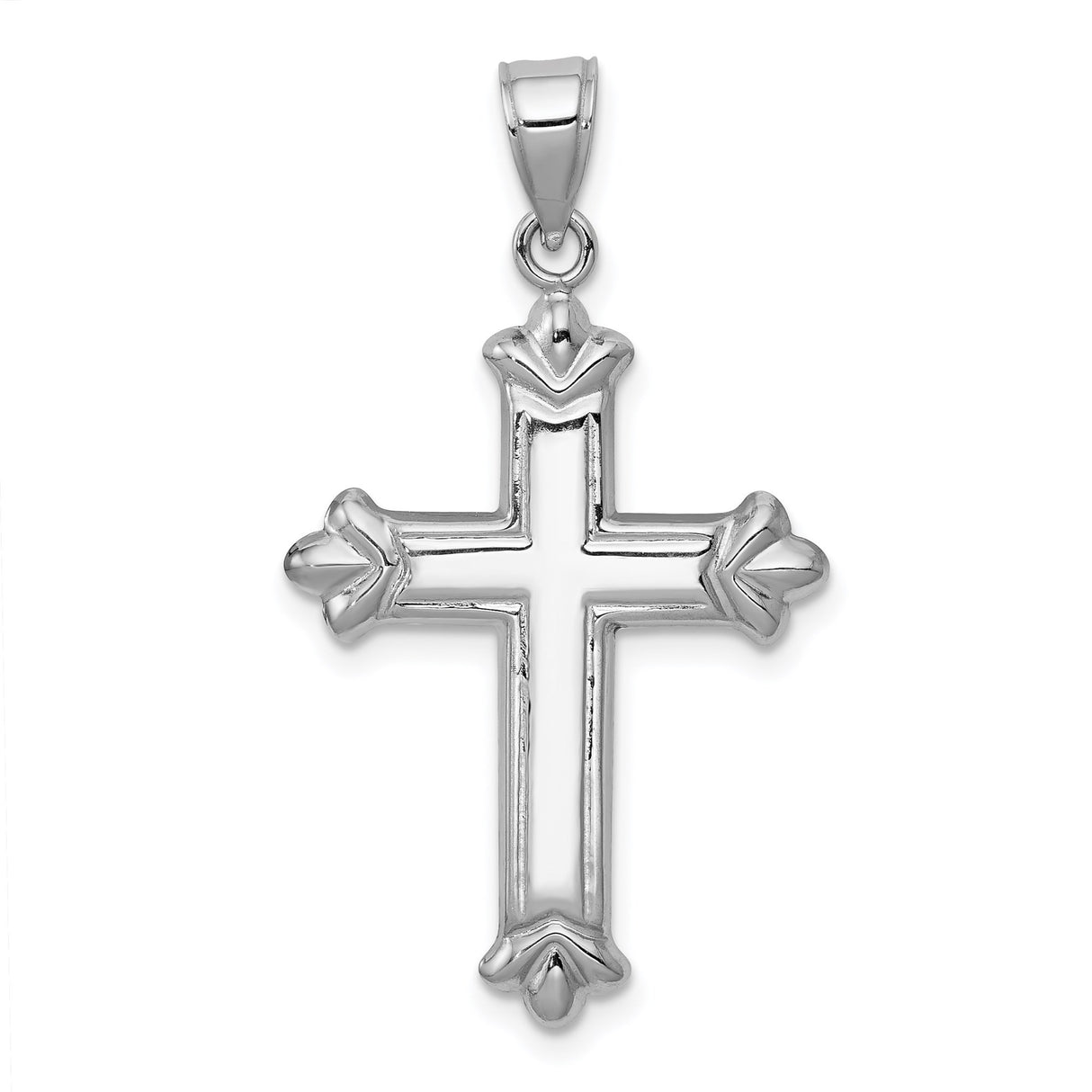 14k White Gold Reversible Fleur Cross Pendant with Diamond Cut Design and Mirror Finish