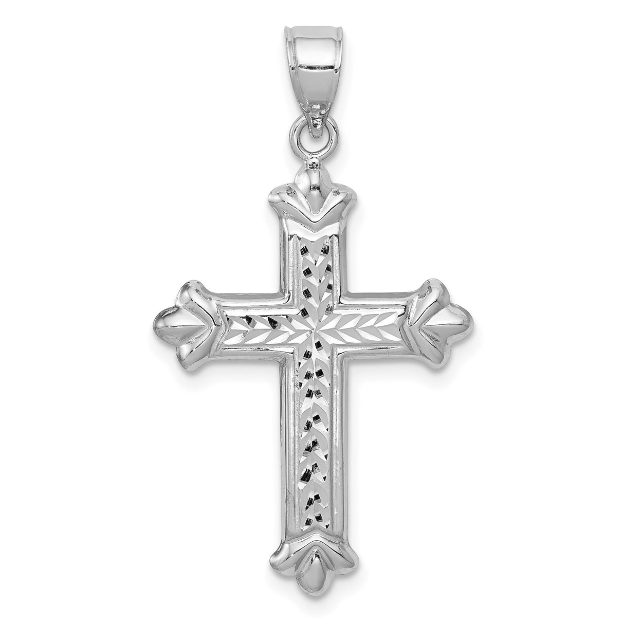 14k White Gold Reversible Fleur Cross Pendant with Diamond Cut Design and Mirror Finish