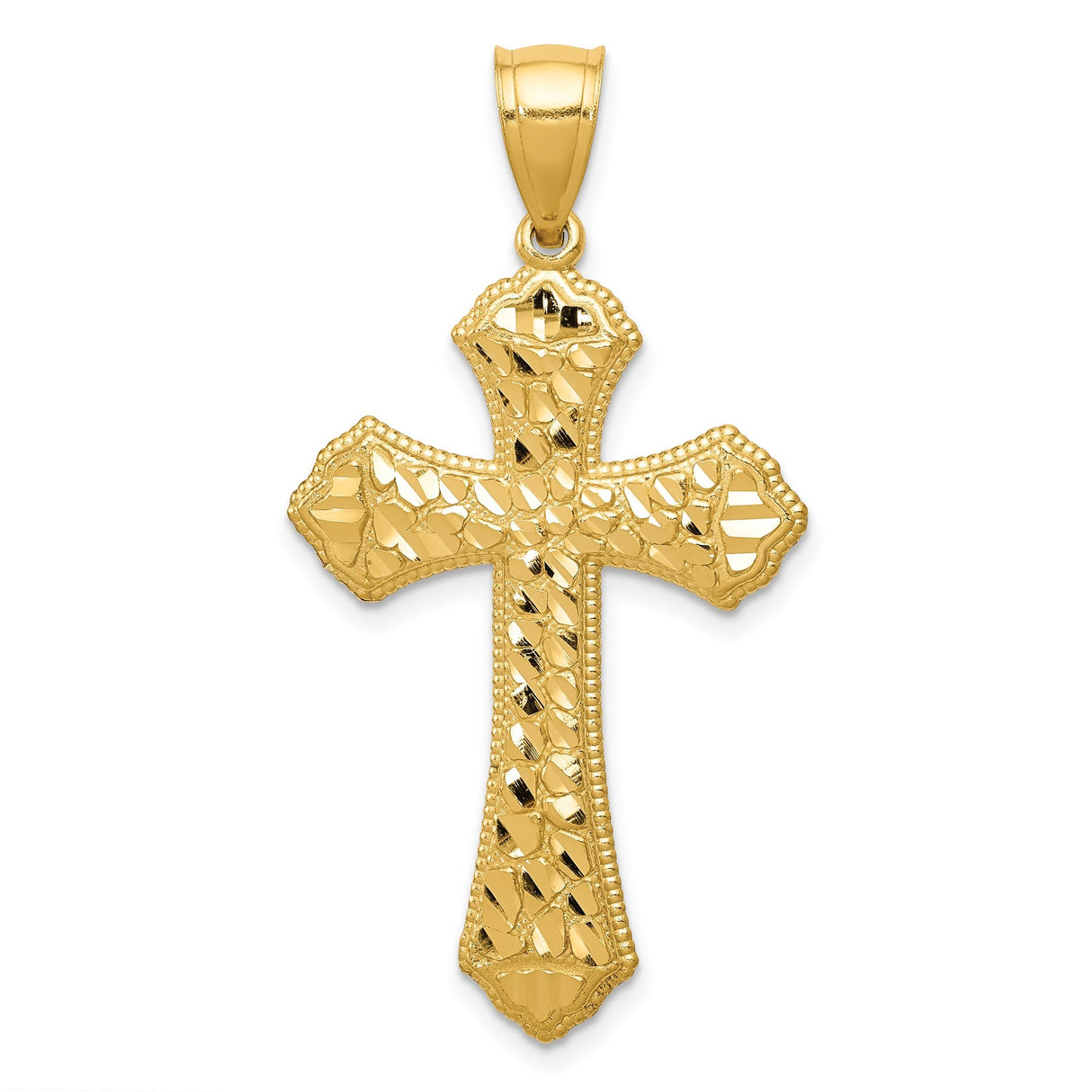 14k Yellow Gold Budded Cross Pendant with Mosaic Texture and Scalloped Tips