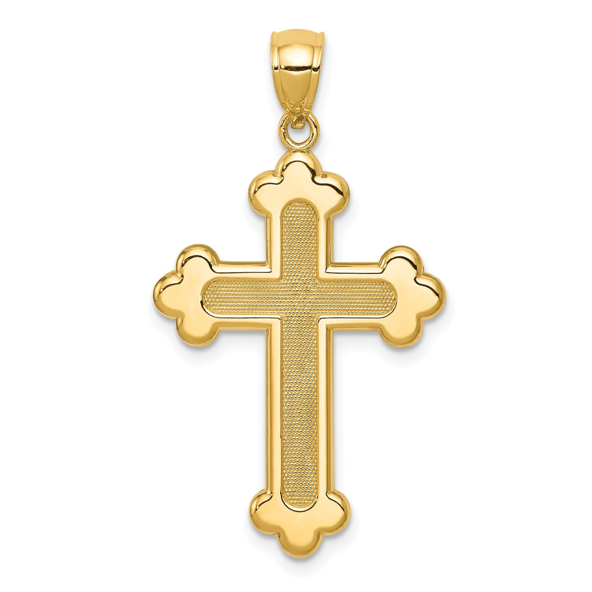 14k Yellow Gold Cross Pendant with Polished and Satin Finish, Fleur de Lis Design