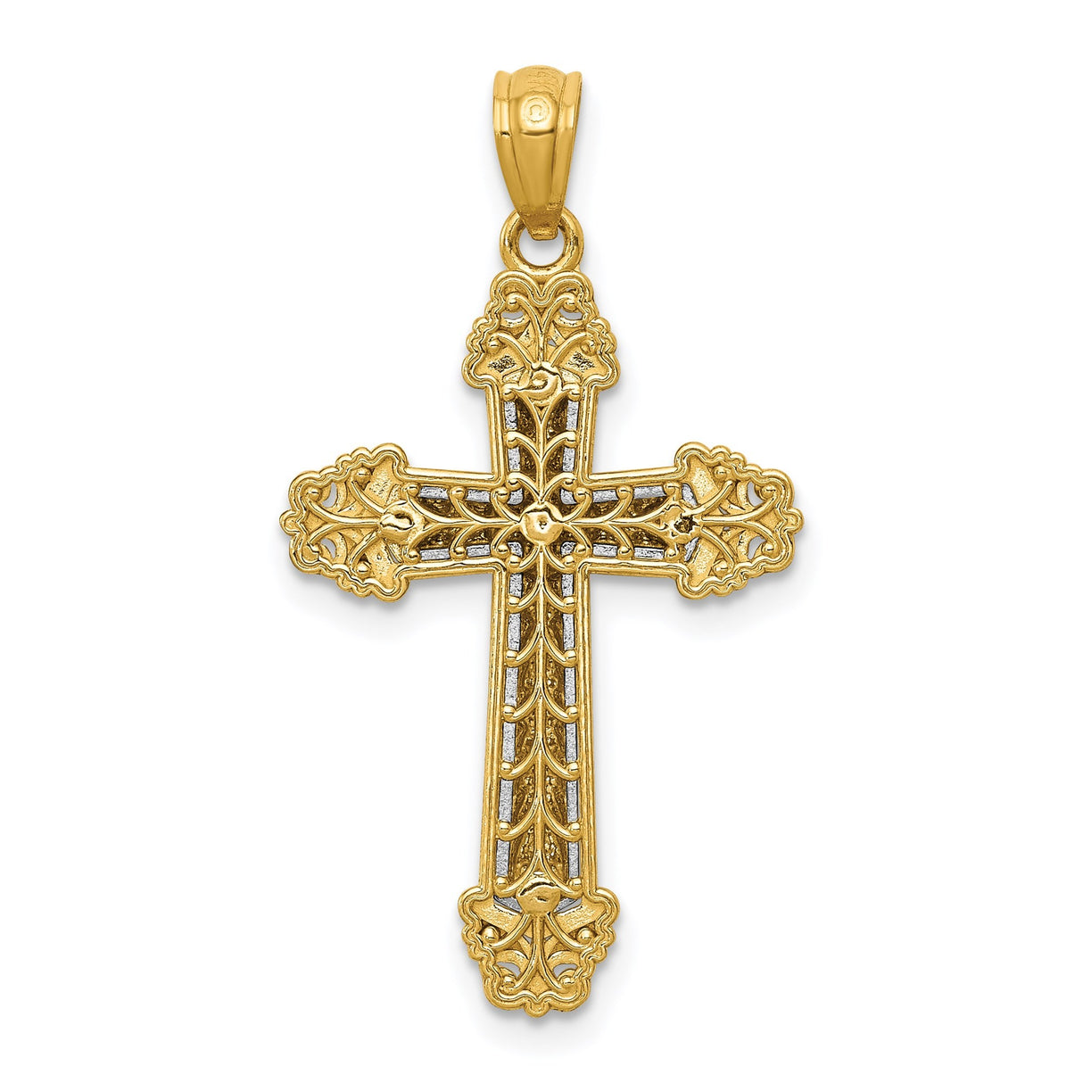 14k Multi-Tone Gold Cross Pendant with Fleur de Lis Scrollwork Vintage Crucifix Charm