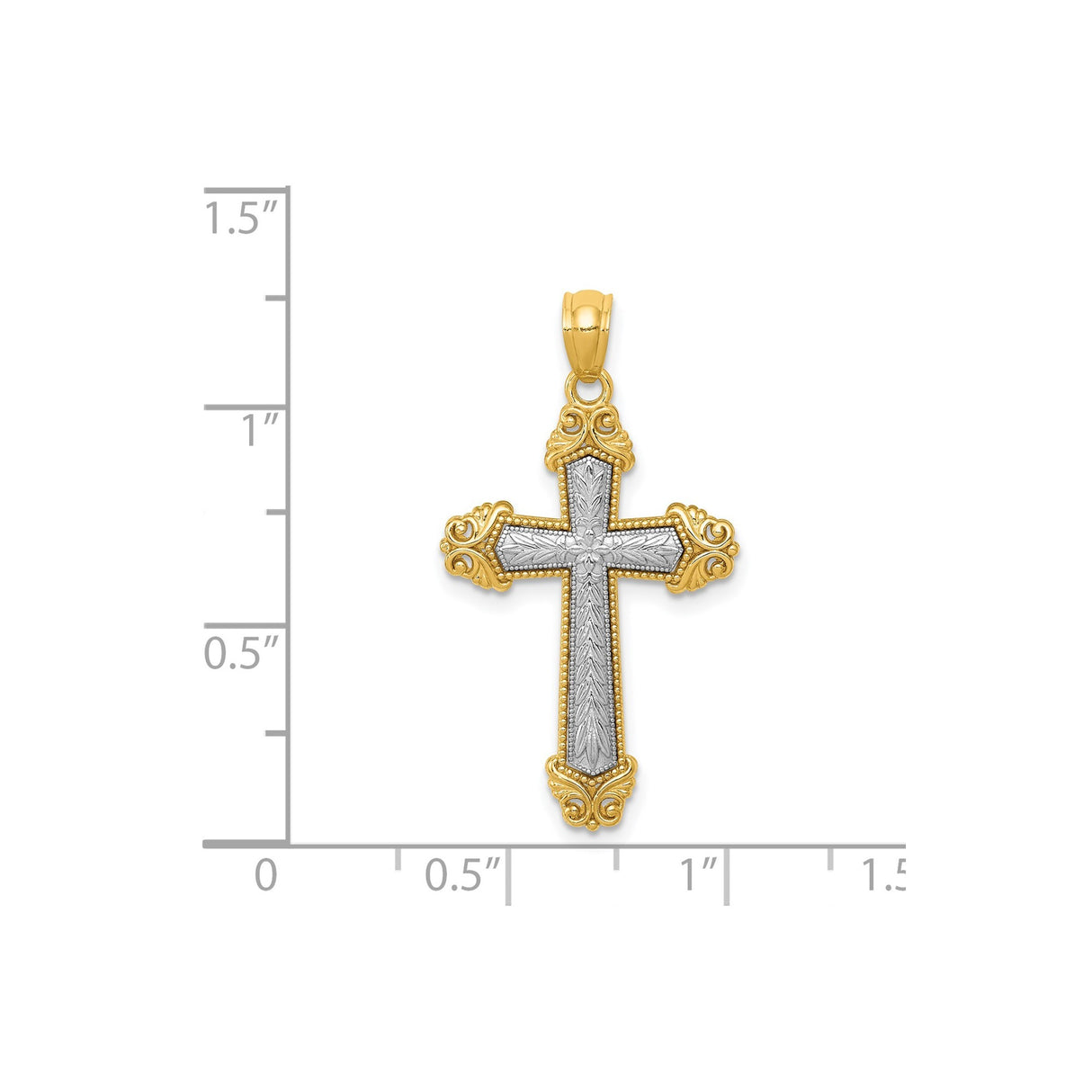 14k Multi-Tone Gold Cross Pendant with Fleur de Lis Scrollwork Vintage Crucifix Charm