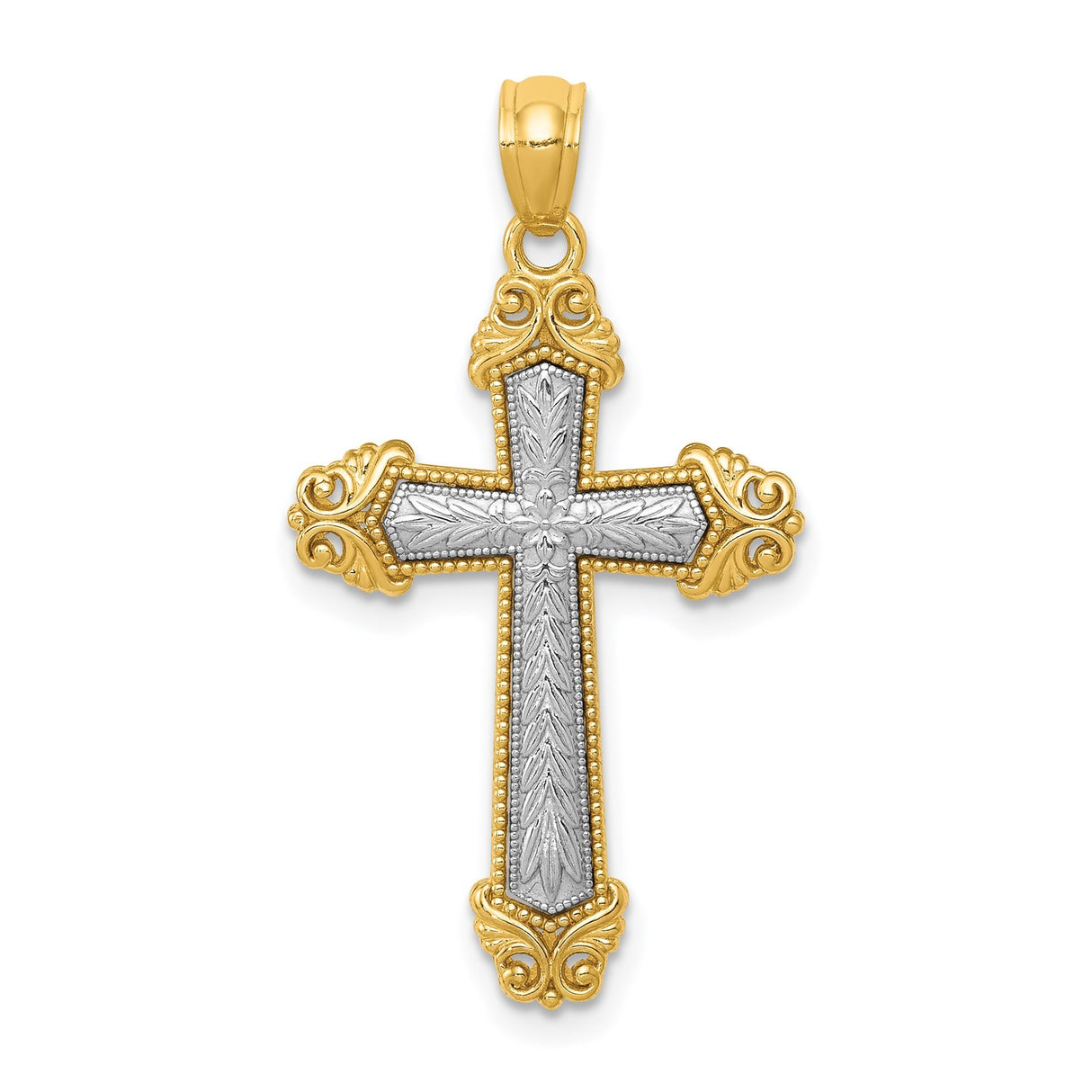 14k Multi-Tone Gold Cross Pendant with Fleur de Lis Scrollwork Vintage Crucifix Charm