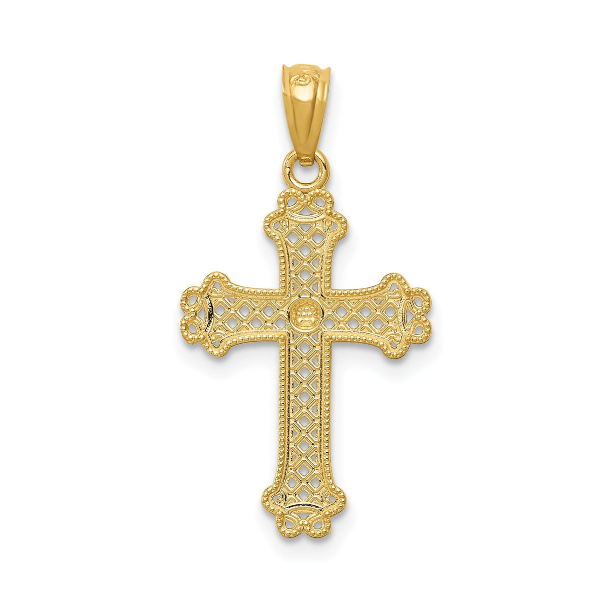 14k Multi-Tone Gold Fleur Cross Pendant with Filigree and Beaded Edge Design