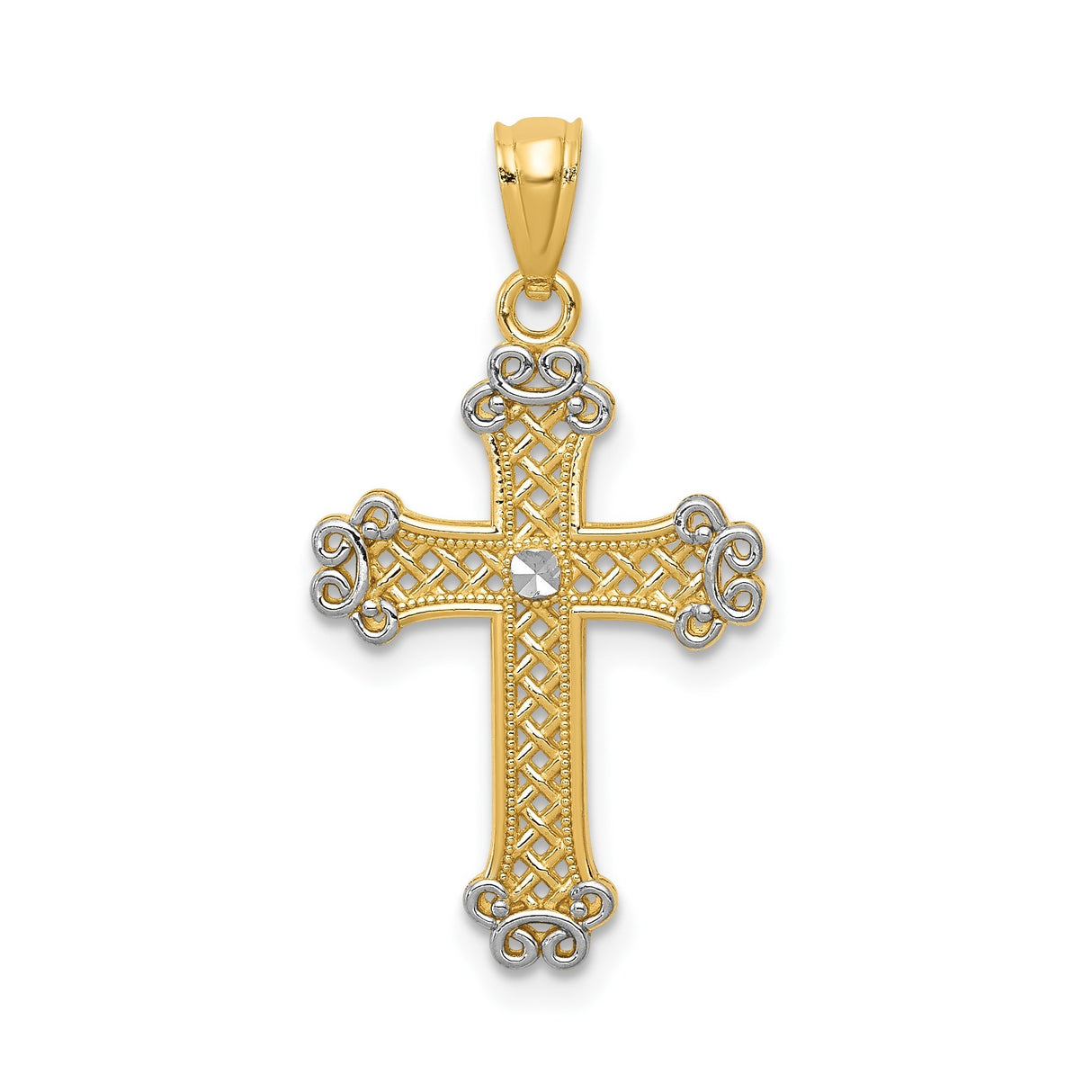 14k Multi-Tone Gold Fleur Cross Pendant with Filigree and Beaded Edge Design