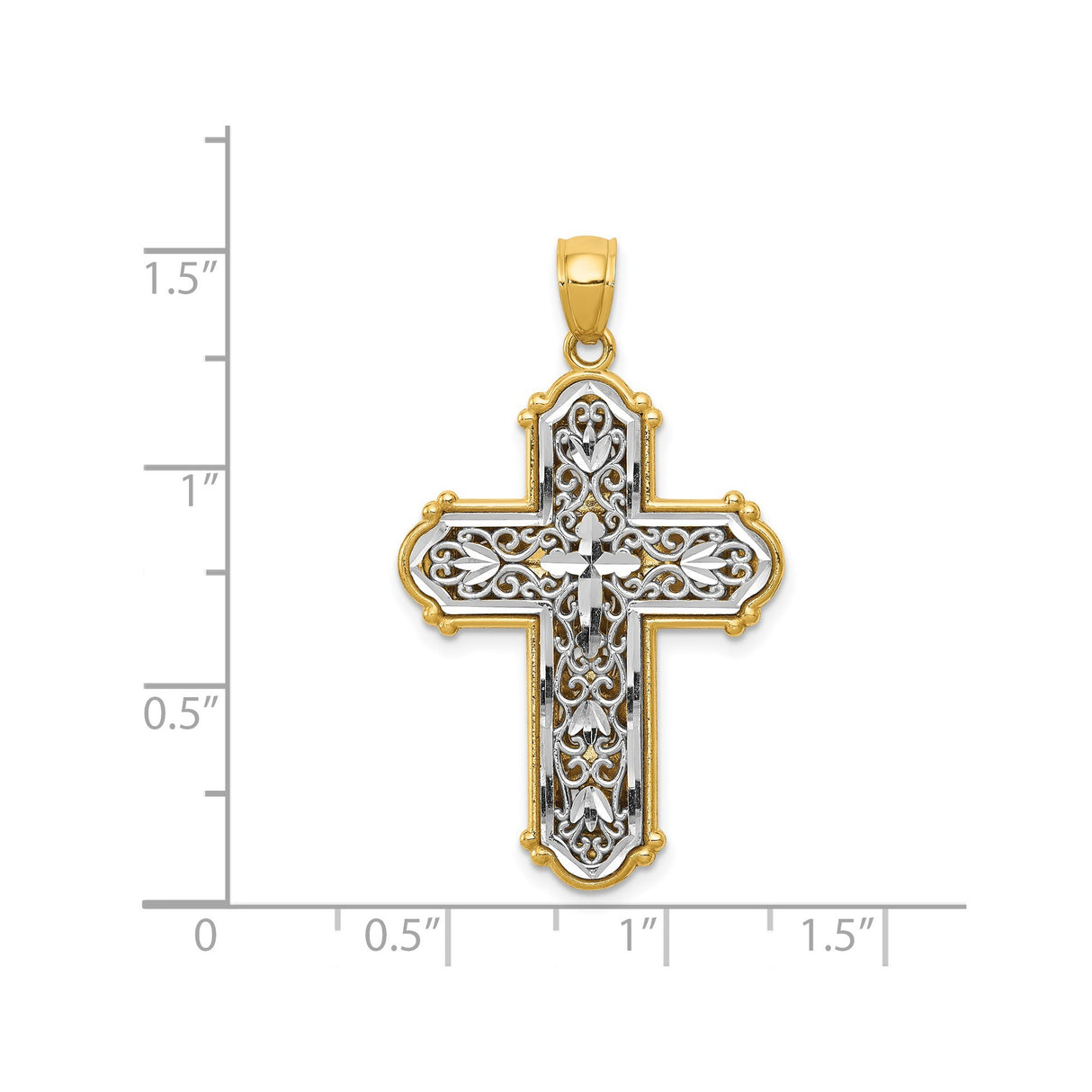 14k Multi-Tone Gold Filigree Budded Cross Pendant with Polished Bail and White Gold Center