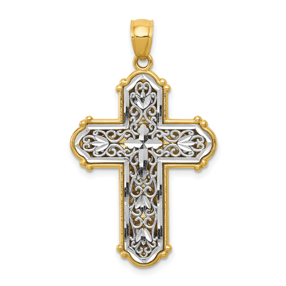 14k Multi-Tone Gold Filigree Budded Cross Pendant with Polished Bail and White Gold Center