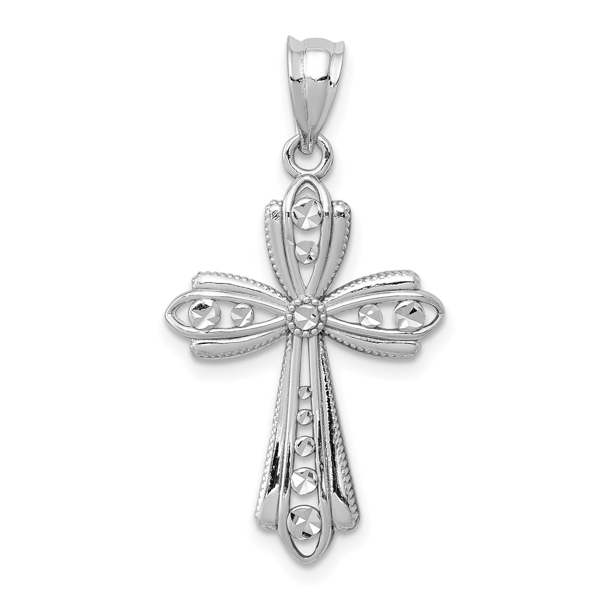 14k White Gold Fleur De Lis Cross Pendant, Polished Finish, Vintage Religious Design