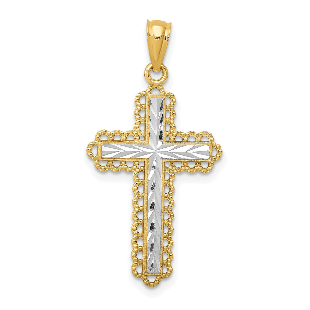 14k Multi-Tone Gold Budded Cross Pendant with Rhodium Accents and Latin Design
