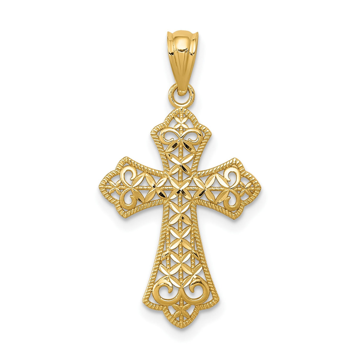 14k Yellow Gold Fleur De Lis Cross Pendant with Filigree Detail, Vintage Religious Charm