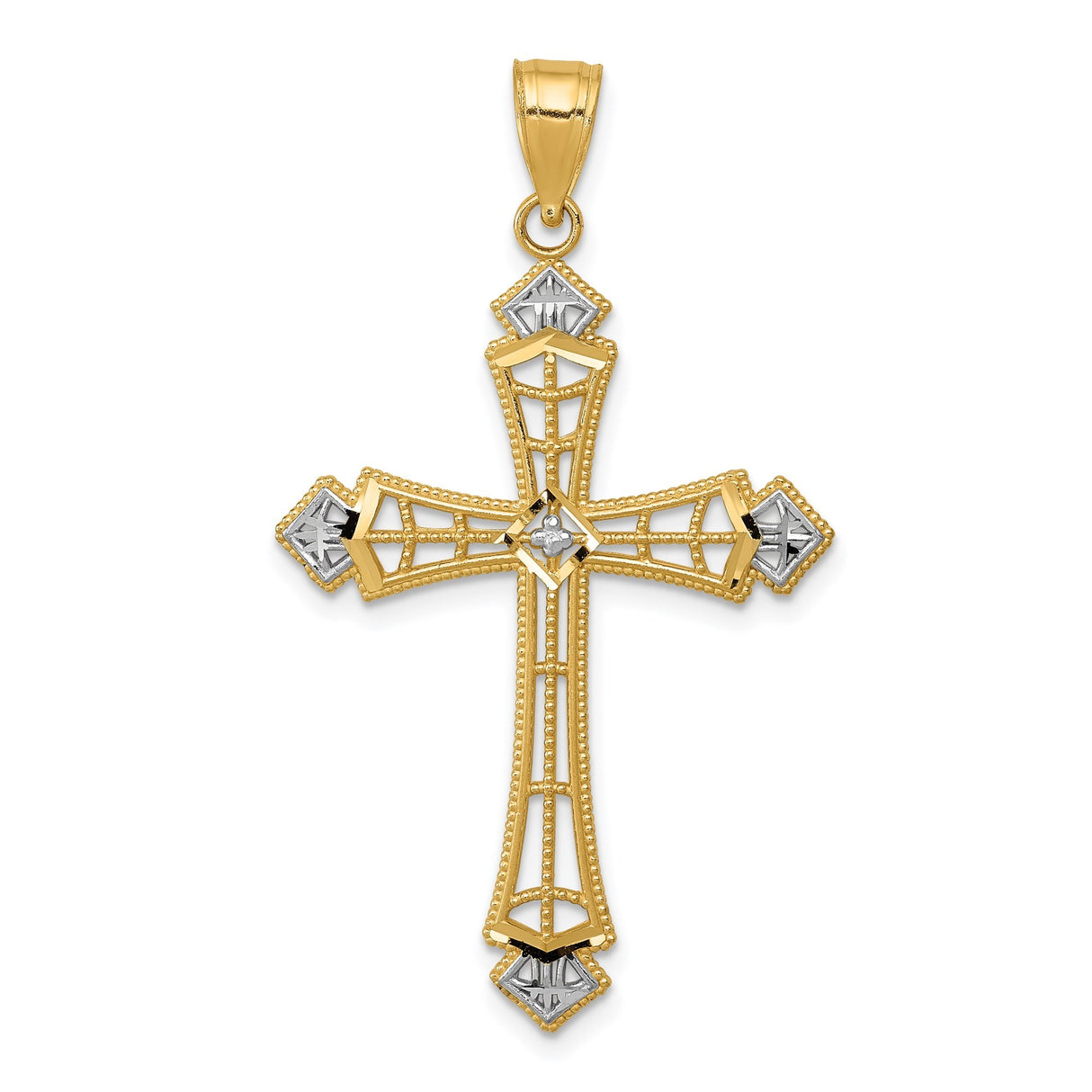 14k Multi-Tone Gold Cross Pendant with Rhodium Accents and Openwork Lattice Design