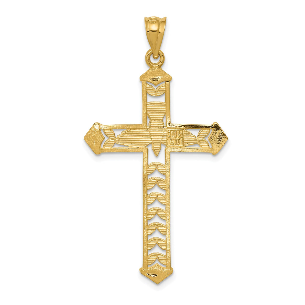 14k Multi-Tone Gold Cross Pendant with Rhodium Dove and Textured Cutout Design