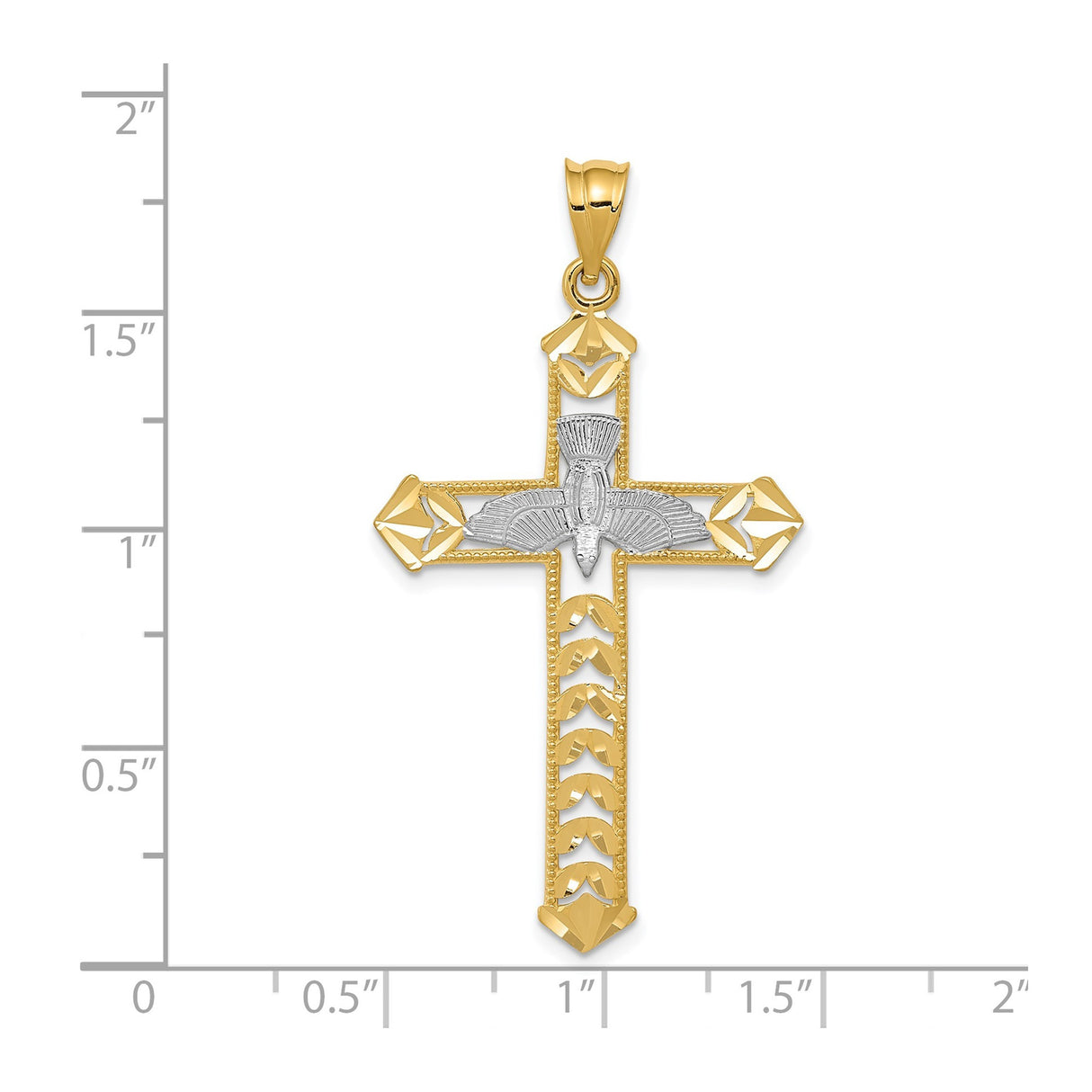 14k Multi-Tone Gold Cross Pendant with Rhodium Dove and Textured Cutout Design
