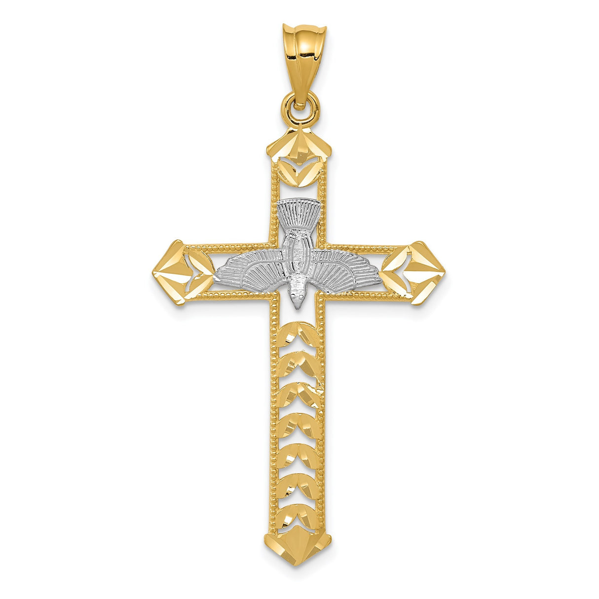 14k Multi-Tone Gold Cross Pendant with Rhodium Dove and Textured Cutout Design