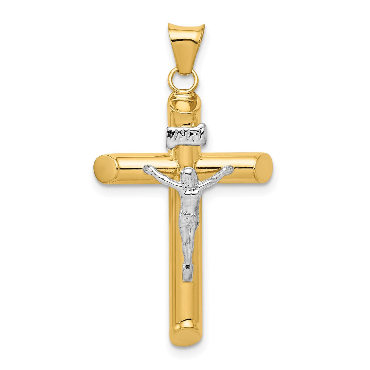14k Two-Tone Gold Crucifix Pendant with INRI Jesus Figure Latin Cross Charm