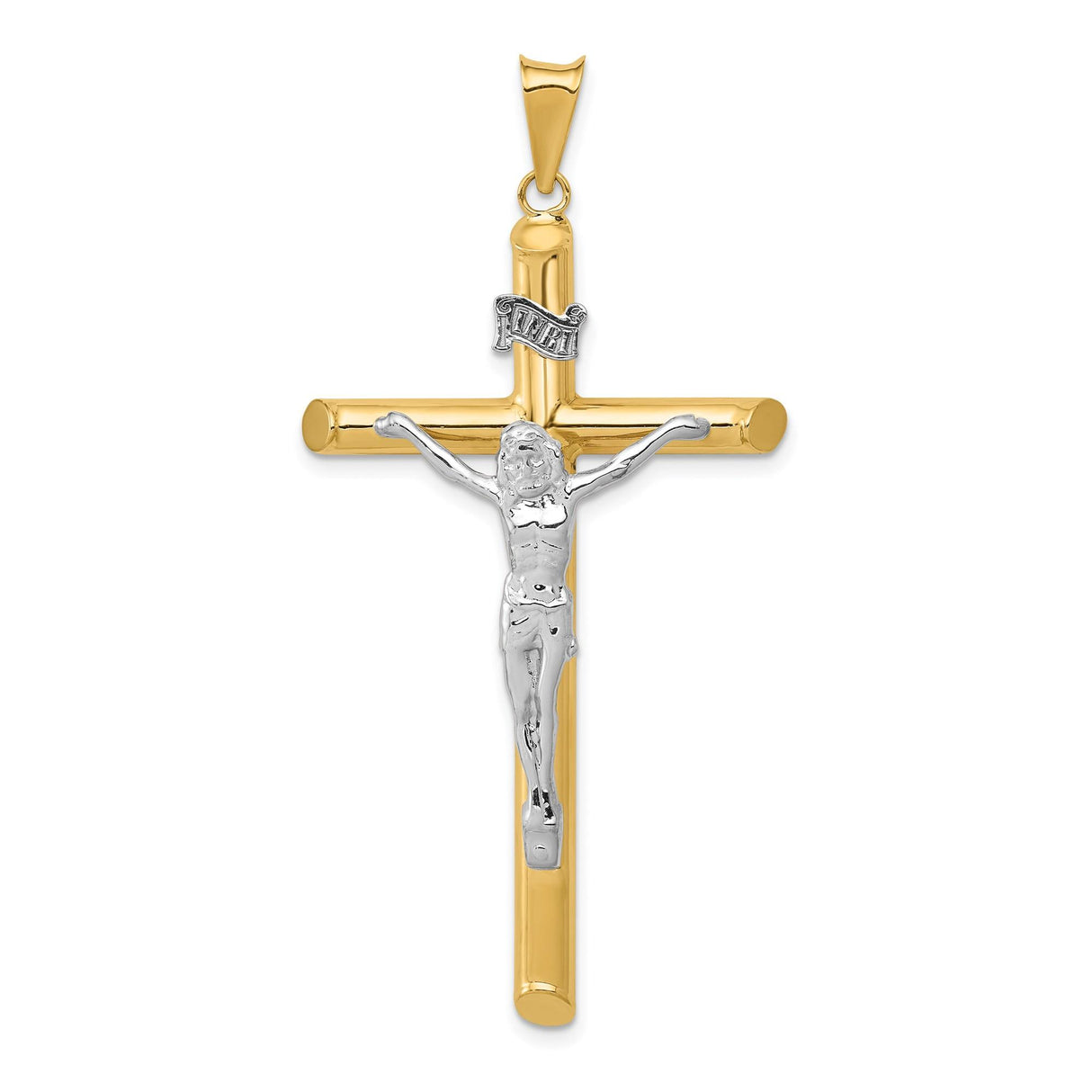14k Two-Tone Gold Latin Crucifix Cross Pendant with INRI and White Jesus Figure