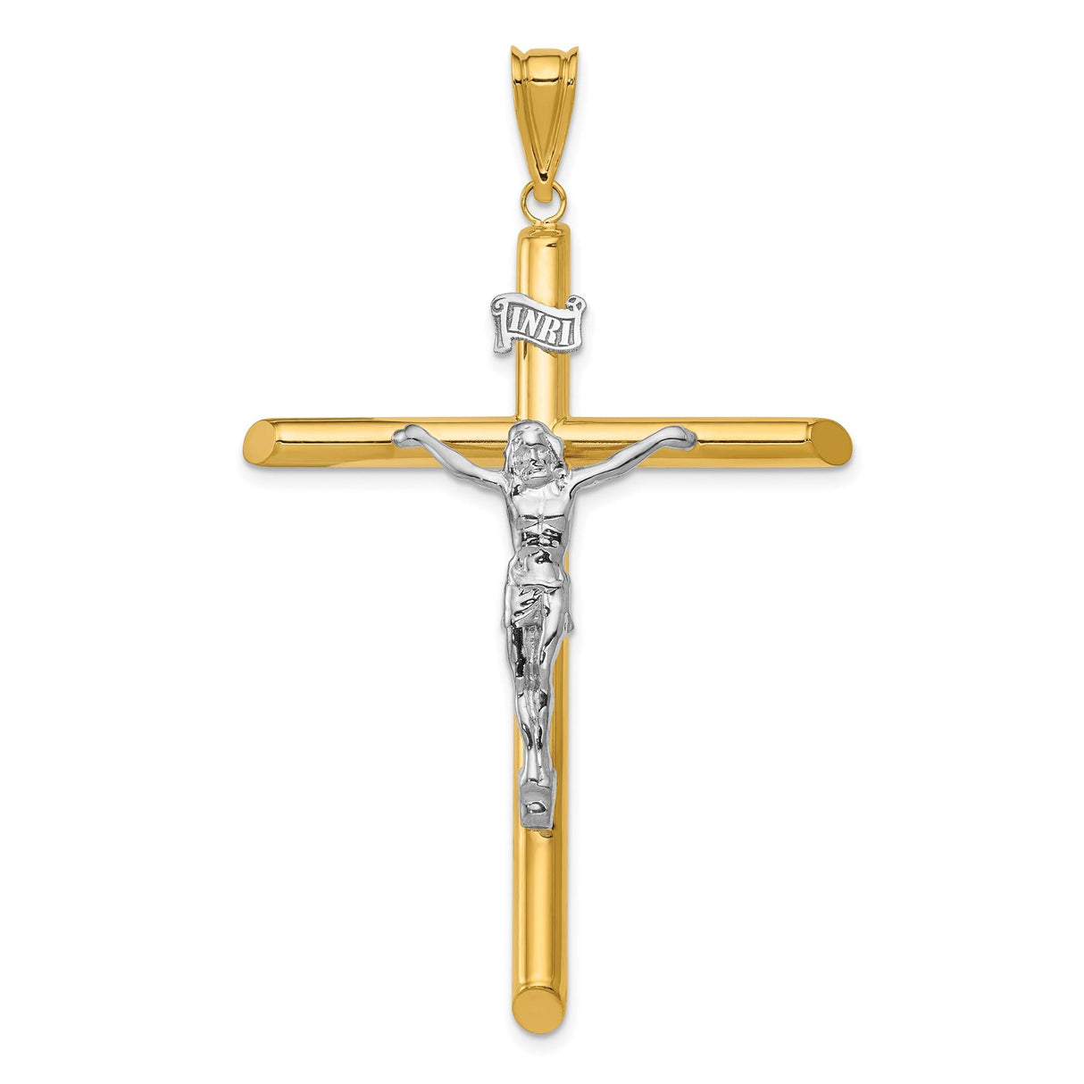 14k Two-Tone Gold Crucifix Pendant, INRI Latin Cross, Religious Christian Jewelry for Men and Women