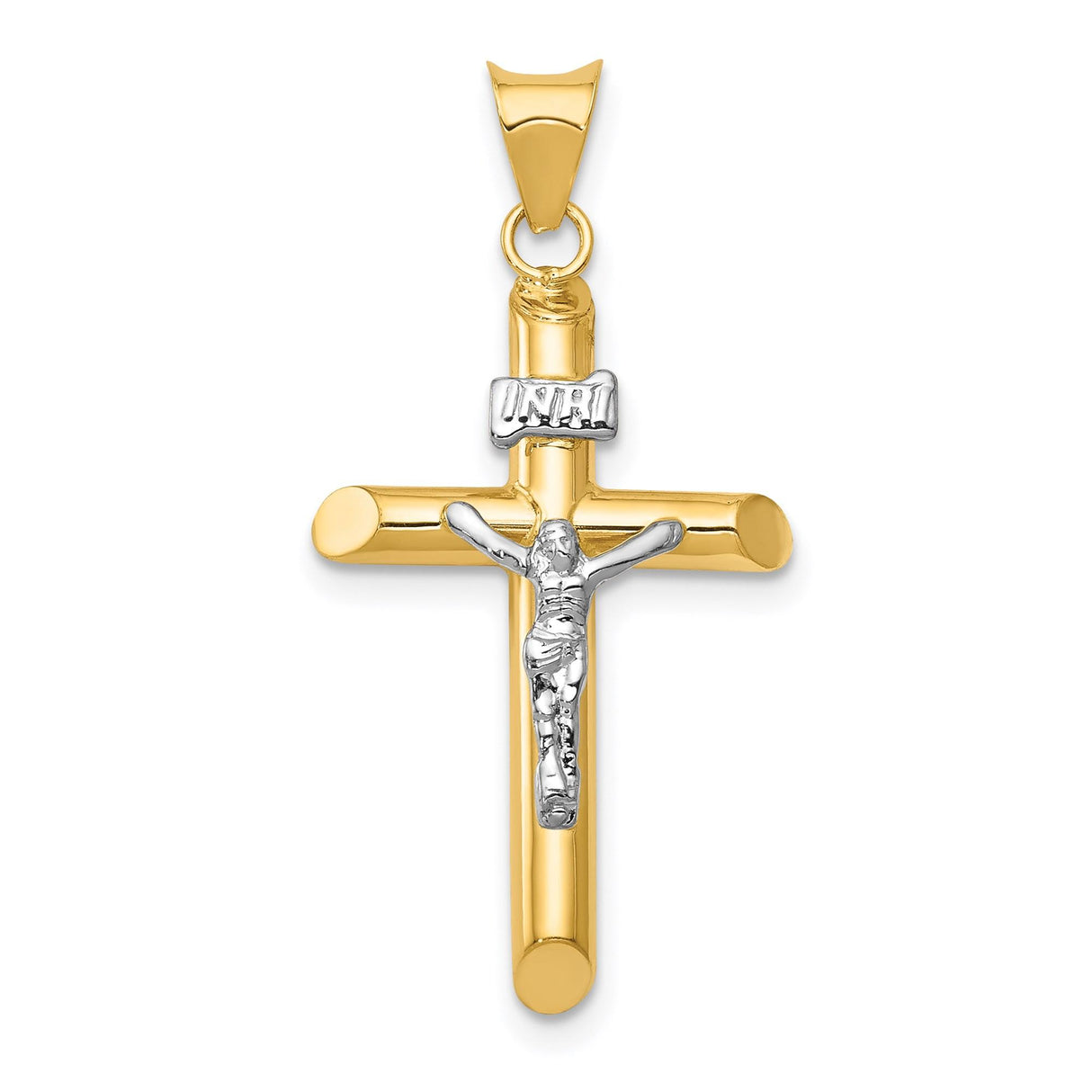 14k Multi-Tone Gold Crucifix Pendant with INRI Latin Cross and Jesus Figure Design