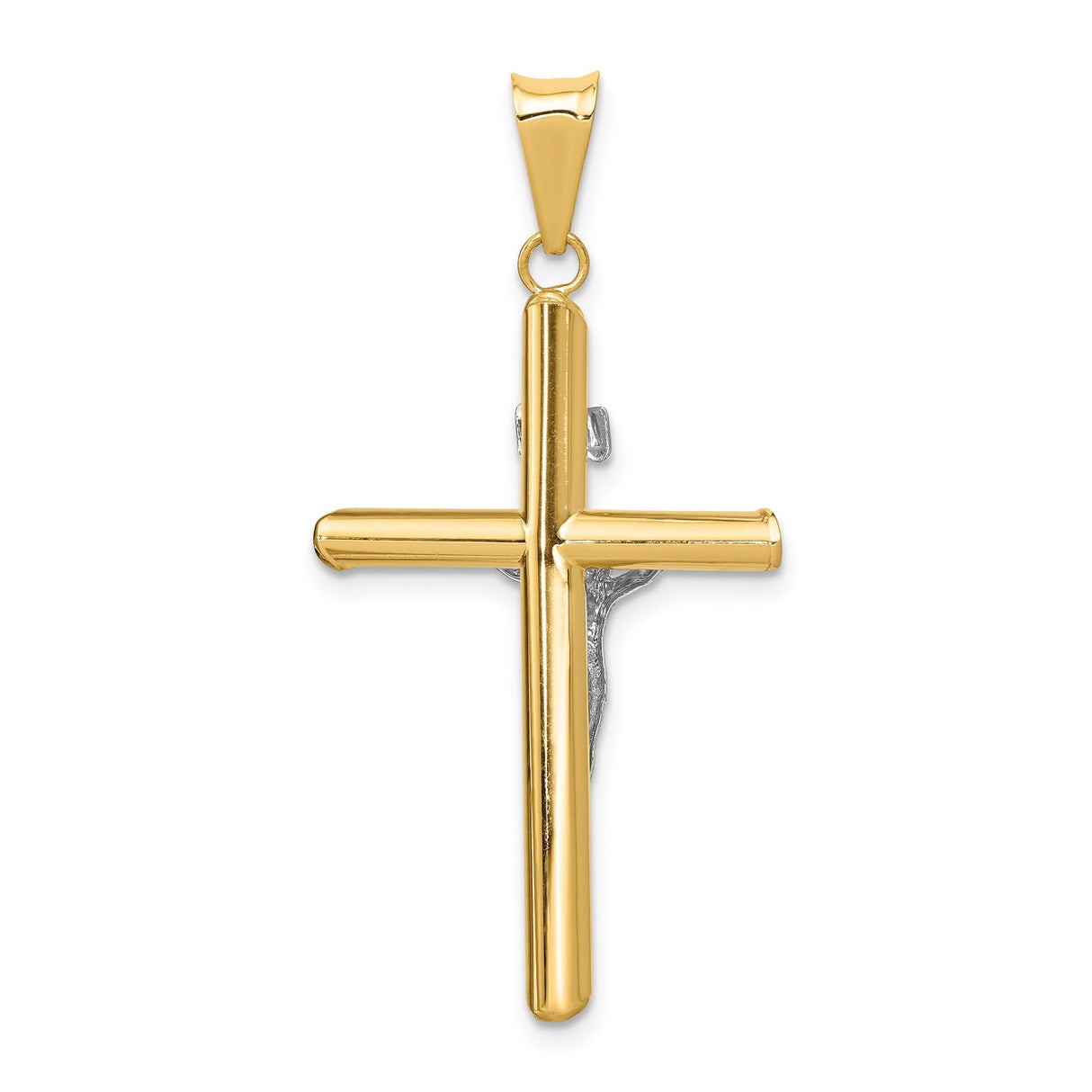 14k Two-Tone Gold INRI Crucifix Pendant with Shaved Tip Latin Cross Design