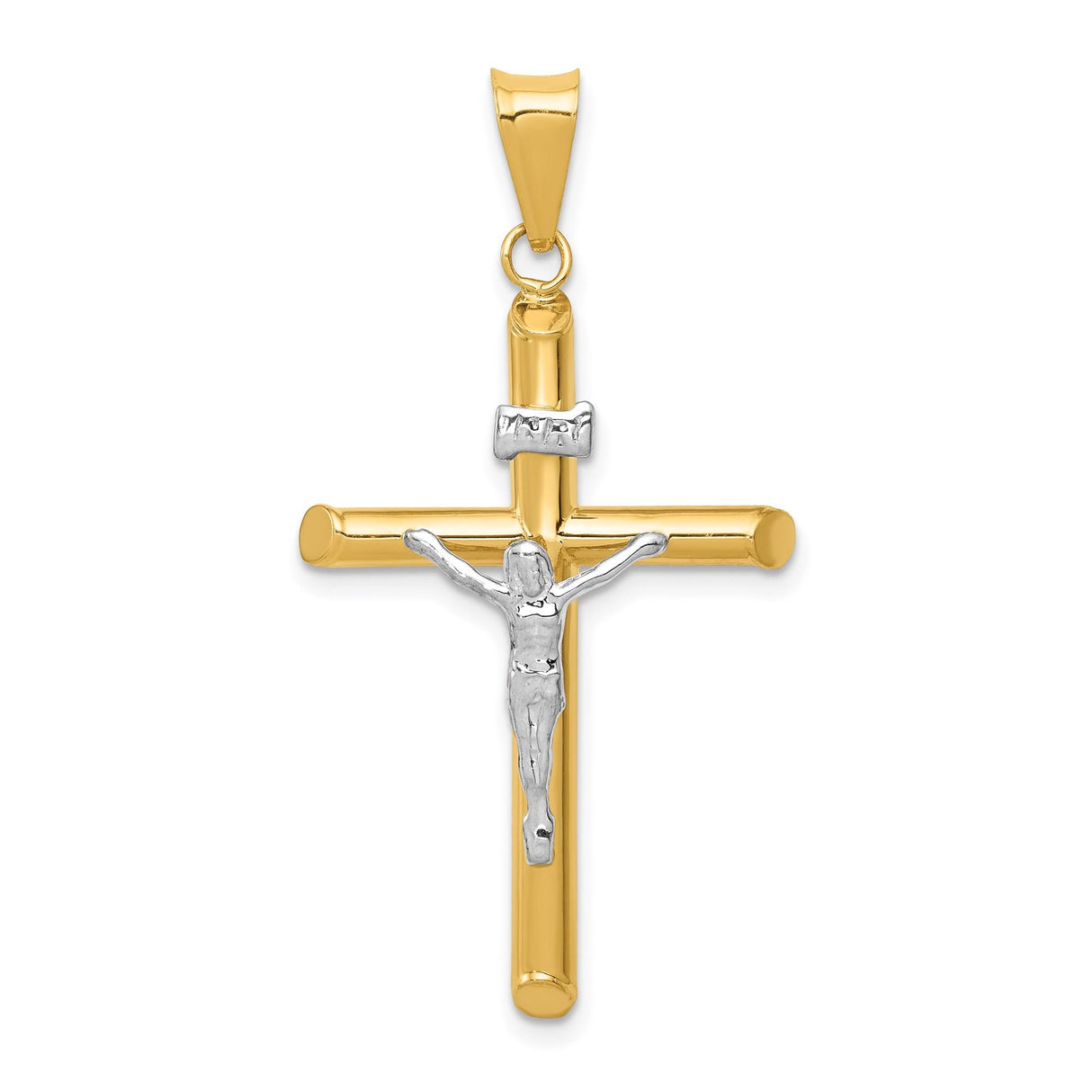 14k Two-Tone Gold INRI Crucifix Pendant with Shaved Tip Latin Cross Design