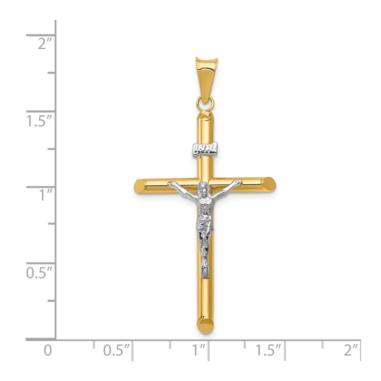 14k Two-Tone Gold INRI Crucifix Pendant with Figured Jesus and Tapered Bail