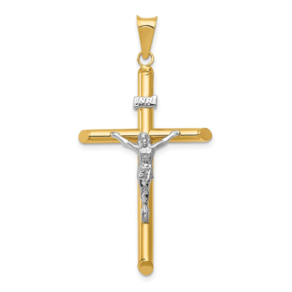 14k Two-Tone Gold INRI Crucifix Pendant with Figured Jesus and Tapered Bail