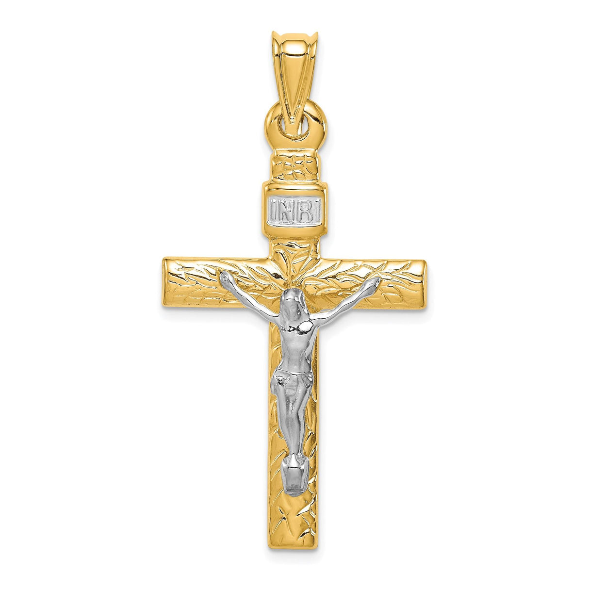 14k Two-Tone Gold Crucifix Pendant with INRI and Jesus Figure Religious Charm