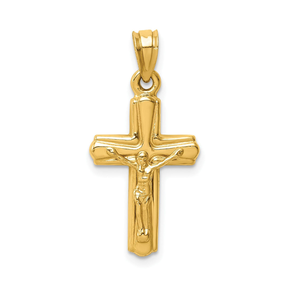 14k Yellow Gold Crucifix Cross Pendant with Jesus Figure and Beveled Edges Religious Charm