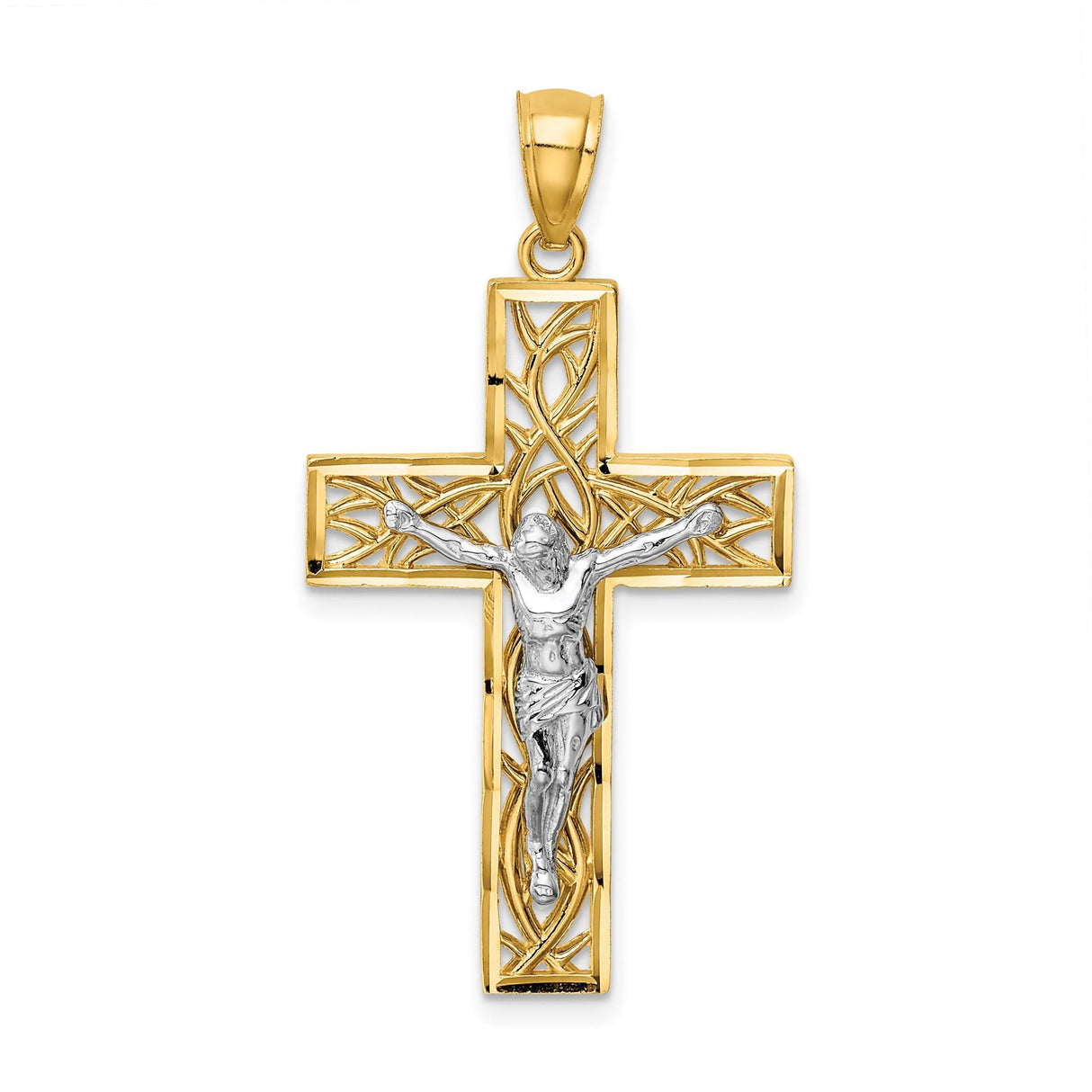 14k Multi-Tone Gold Latin Crucifix Pendant with Filigree Design