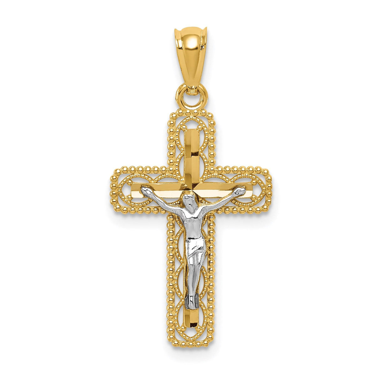14k Two-Tone Gold Crucifix Cross Pendant with Jesus, Latin Religious Design