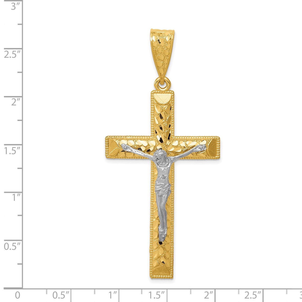 14k Two-Tone Gold Crucifix Pendant with Diamond-Cut Jesus Figure and Textured Design