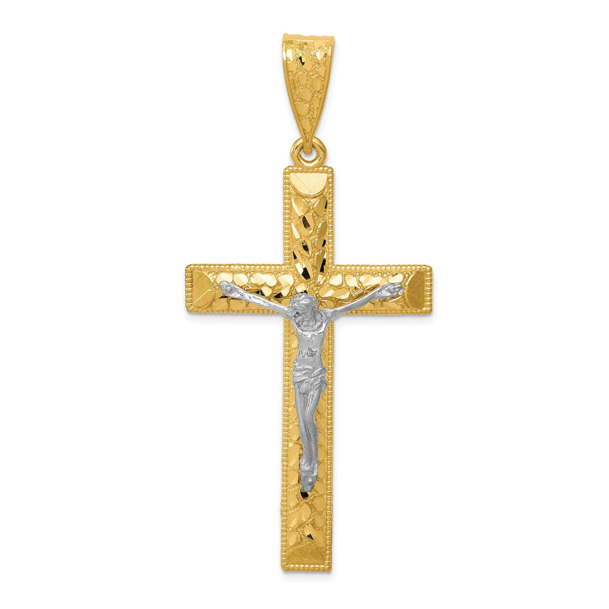 14k Two-Tone Gold Crucifix Pendant with Diamond-Cut Jesus Figure and Textured Design