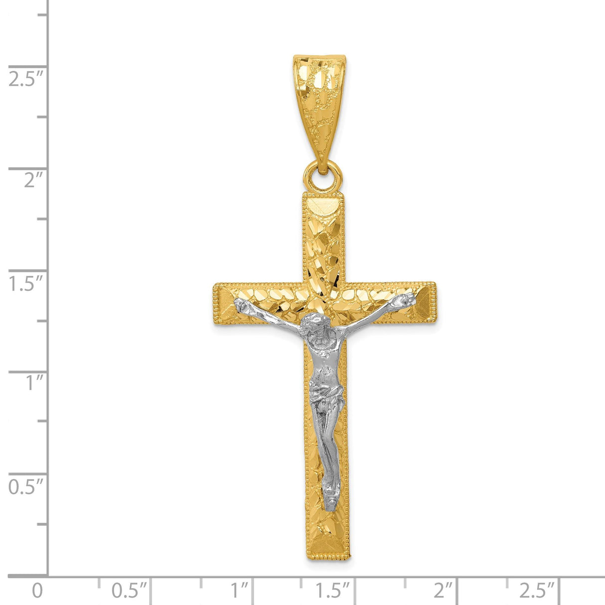 14k Two-Tone Gold Crucifix Pendant with Diamond Cut Christ Figure Latin Cross Design