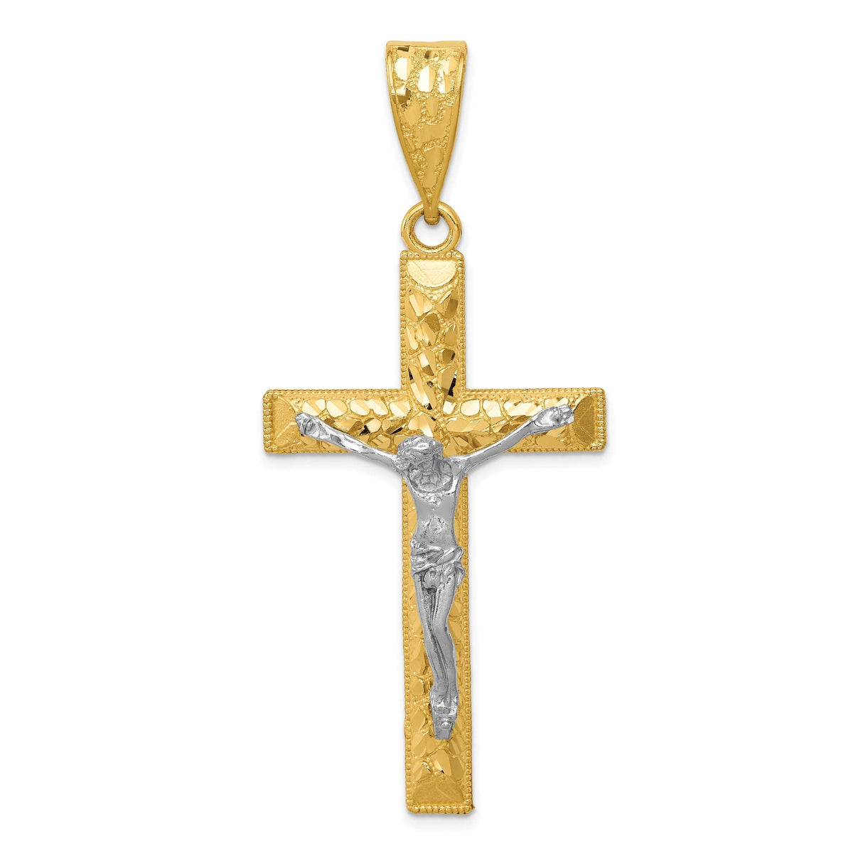 14k Two-Tone Gold Crucifix Pendant with Diamond Cut Christ Figure Latin Cross Design
