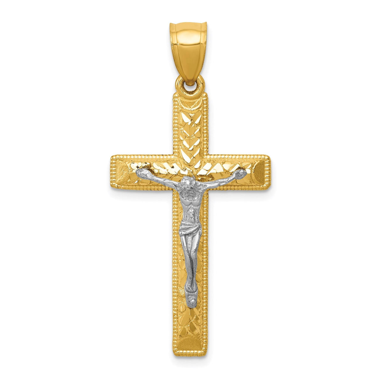 14k Two-Tone Gold Crucifix Cross Pendant with Detailed Christ Figure Symbolizing Faith and Devotion