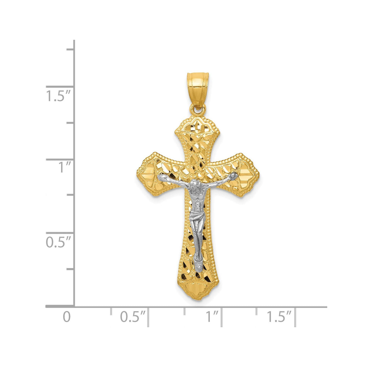 14k Multi-Tone Gold Crucifix Cross Pendant with Scalloped Edges and Diamond Cut Detail