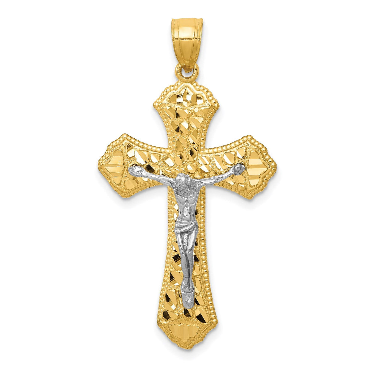14k Multi-Tone Gold Crucifix Cross Pendant with Scalloped Edges and Diamond Cut Detail