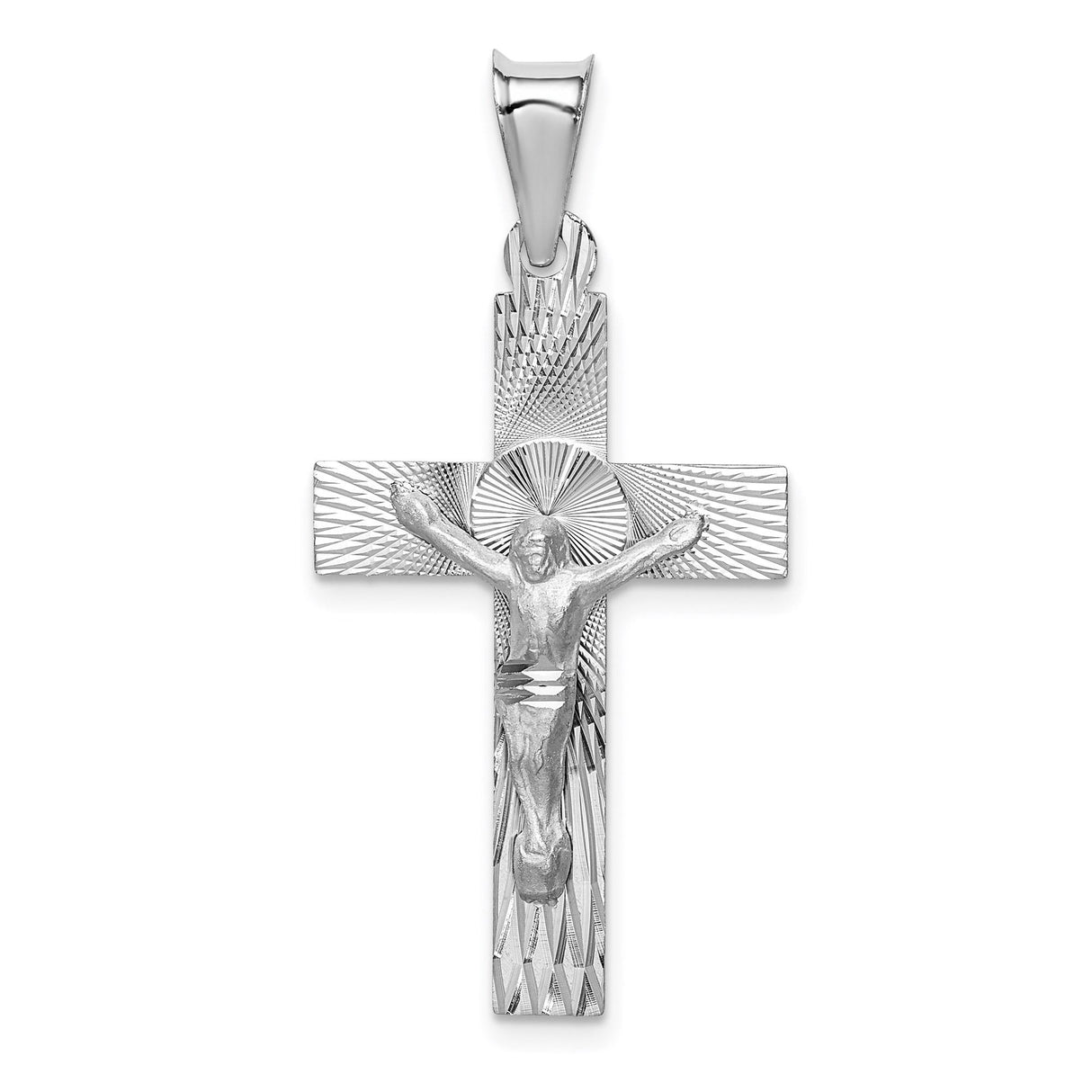 14k White Gold Crucifix Pendant with Textured Diamond-Cut Jesus Design, Latin Cross for Men and Women