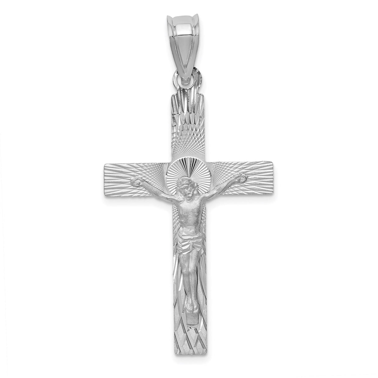 14k White Gold Crucifix Pendant with Textured Latin Cross and Christ Figure Religious Charm
